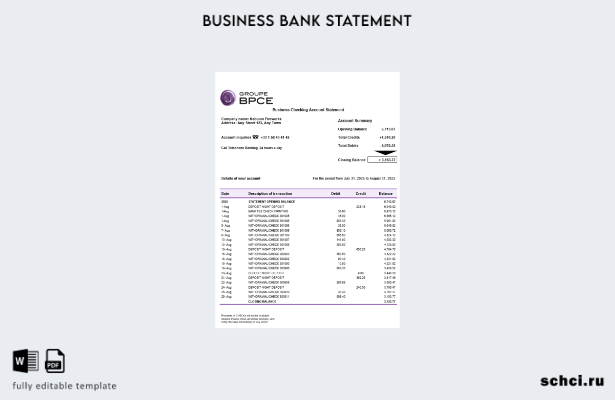 цифровая загрузка шаблона отчета о банковском счете Groupe BPCE в формате Word и